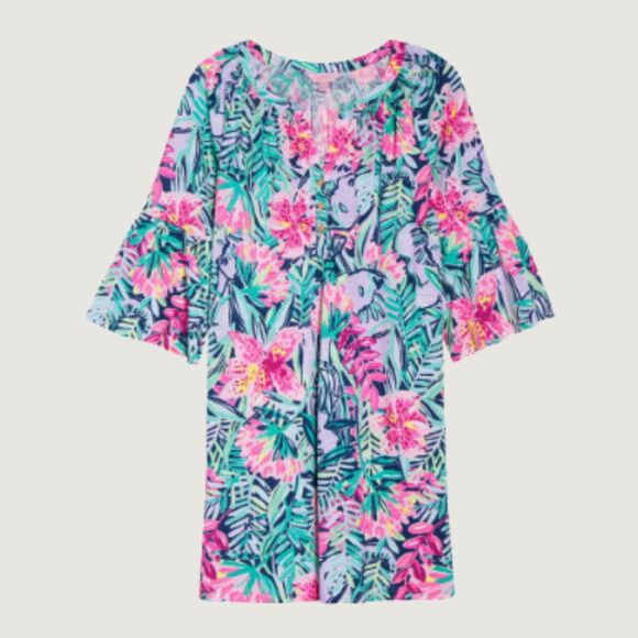 Lilly Pulitzer Dress Blue Mini Teigen Shift Floral V Neck Flared Hawaiian Small - Picture 2 of 14